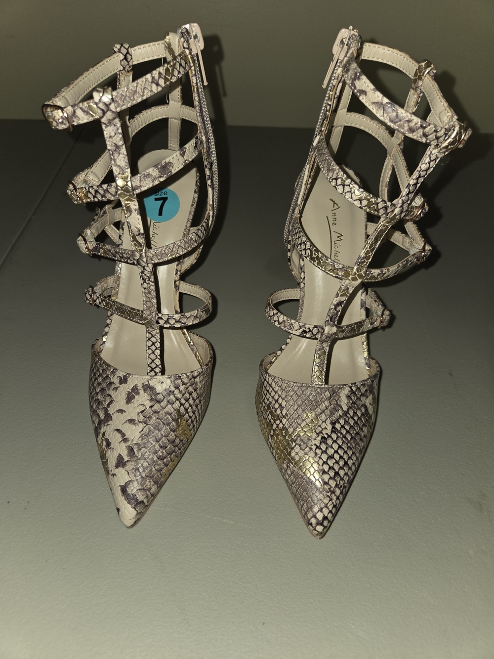 Anne Michelle Ivory Snake-Print Strappy Pointed-Toe Heels - Ivory